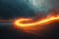 Dramatic fire swirl over ocean waves during sunset under moody clouds Royalty Free Stock Photo