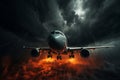 Large Passenger Plane in Stormy Weather Among Rain and Thunder Clouds. Royalty Free Stock Photo