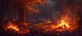 Dramatic forest fire scene engulfing trees at night. vivid flames, smoke, and destruction. environmental issue depiction