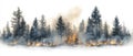 A dramatic forest fire scene showcasing towering trees engulfed in flames, surrounded by thick smoke and an eerie atmosphere Royalty Free Stock Photo