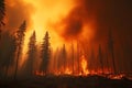 Dramatic forest wildfire consuming drought-afflicted trees, burning silhouettes against yellow sky filled with heavy smoke. Royalty Free Stock Photo
