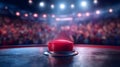 Dramatic game show scene with glowing red buzzer button in spotlight Royalty Free Stock Photo