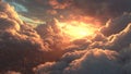 Dramatic golden sunset light breaking through thick fluffy clouds in the sky.jpeg Royalty Free Stock Photo