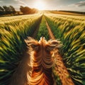 Dramatic GoPro viewpoint of excited dog running through a field