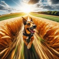 Dramatic GoPro viewpoint of excited dog running through a field