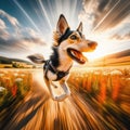 Dramatic GoPro viewpoint of excited dog running through a field