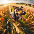 Dramatic GoPro viewpoint of excited dog running through a field