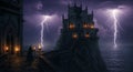 Gothic Castle on Cliff with Storm Royalty Free Stock Photo