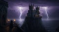 Gothic Castle on Cliff with Lightning Royalty Free Stock Photo