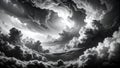 Dramatic grayscale cloudscape with swirling formations and atmospheric light. Royalty Free Stock Photo