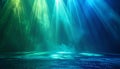 Dramatic Stage Lighting with Green and Blue Beams Cutting Through Smoke Keywords: stage, lighting, beams, light Royalty Free Stock Photo