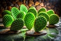 Dramatic Green Prickly Pear Cactus Pads on a Polished Marble Tabletop A Still Life Study in Texture and Royalty Free Stock Photo