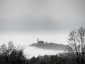 Dramatic greyscale fall view to Poestlingberg church in Linz