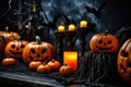 dramatic halloween decorations including spiders webs and pumpkins