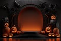 Dramatic Halloween stage with glowing jack-o'-lanterns arranged around a fiery orange backdrop