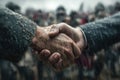 Handshake in Rain During Historic Conflict Symbolizing Unity and Resolution Royalty Free Stock Photo