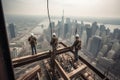 A dramatic, high-angle shot of skyscraper builders working at dizzying heights, skillfully assembling steel beams and securing Royalty Free Stock Photo