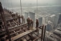 A dramatic, high-angle shot of skyscraper builders working at dizzying heights, skillfully assembling steel beams and securing Royalty Free Stock Photo