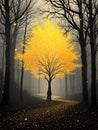 Dramatic Forest Scene with a Lone Yellow Tree Silhouette and Full Moon in Autumn Royalty Free Stock Photo