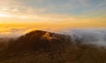 Dramatic high level aerial panoramic view over Calderon Hondo volcanic crater at sunset near Corralejo in Fuerteventura