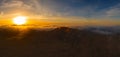 Dramatic high level aerial panoramic view over Calderon Hondo volcanic crater at sunset near Corralejo in Fuerteventura