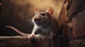 Dramatic Hyper-realistic Rat Portrait Over Brick Wall With Explosive Wildlife