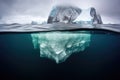 dramatic iceberg, both above and below water, under grey skies