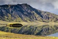 Dramatic iceland landscape with a green hill and black lava and and blue mirror mountain lake. Iceland