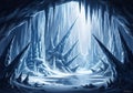 A dramatic icy cave with large stalactites hanging from the ceiling Royalty Free Stock Photo