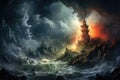 A dramatic illustration featuring a solitary lighthouse standing tall amidst a furious storm. Its guiding light pierces Royalty Free Stock Photo