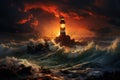 A dramatic illustration featuring a solitary lighthouse standing tall amidst a furious storm. Its guiding light pierces Royalty Free Stock Photo