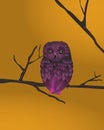 Dramatic illustration of a mystic owl that sit on a tree branch. Spooky purple bird with big eyes over yellow background.