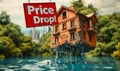 Dramatic illustration of a Price Drop! sign on a falling house, depicting a sudden decrease in real estate values in a Royalty Free Stock Photo