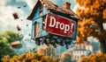 Dramatic illustration of a Price Drop! sign on a falling house, depicting a sudden decrease in real estate values in a Royalty Free Stock Photo