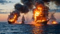 Flames of War: Epic Naval Battle at Sunset Horizon Royalty Free Stock Photo
