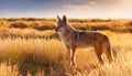 Vivid Wild Coyote Prairies in High Contrast at Dusk Striking Silhouettes of Wildlife Amidst Golden Grasses and a Sunset Sky Royalty Free Stock Photo