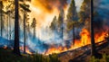 A dramatic image of a forest fire, with trees engulfed in flames and smoke billowing into the sky, highlighting the Royalty Free Stock Photo