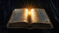 An ancient book floating and illuminated by a strong glowing red light, symbolizing power, passion, and accumulated experience. Royalty Free Stock Photo