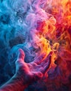 Hand reaching out to colorful smoke in dark space Royalty Free Stock Photo
