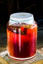 Dramatic image of large jar of fresh kombucha fermenting with a large scabby growing inside..