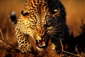 Dramatic image of leopard stalking and pouncing on antelope in vast african savannah
