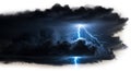 A dramatic image of lightning striking through dark storm clouds against a white background sky Royalty Free Stock Photo