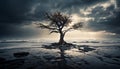Lone tree stands firm amidst stormy skies by the ocean Royalty Free Stock Photo