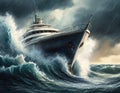 Dramatic image of a luxury yacht battling fierce ocean waves during a storm