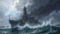 Dramatic image of a massive battleship braving a storm at sea with waves crashing and lightning striking overhead Royalty Free Stock Photo