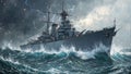 Dramatic image of a massive battleship braving a storm at sea with waves crashing and lightning striking overhead Royalty Free Stock Photo