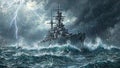 Dramatic image of a massive battleship braving a storm at sea with waves crashing and lightning striking overhead Royalty Free Stock Photo