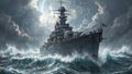 Dramatic image of a massive battleship braving a storm at sea with waves crashing and lightning striking overhead Royalty Free Stock Photo