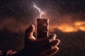 A dramatic image of a person holding a bar of chocolate with a lightning storm in the background, implying the intensity of the Royalty Free Stock Photo