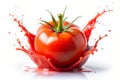 Red tomato with paint splash. Red tomato with paint splash isolated on white background Royalty Free Stock Photo